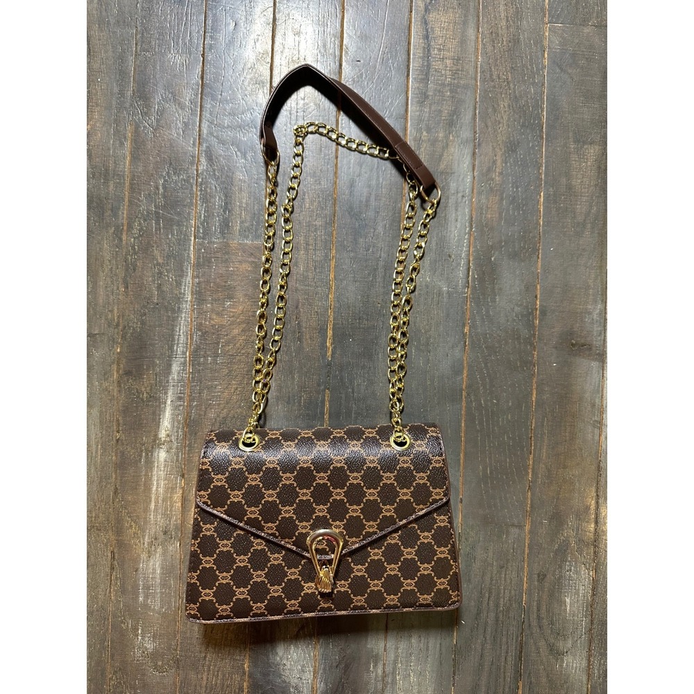 Brown Monogram Envelope Shoulder Bag Gold Chain Strap‎ Crossbody Handbag